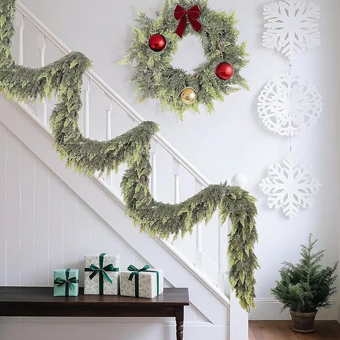 AONEGOLD 2PCS Christmas Garland with Hangers 6FT Green Faux Cedar Pine Norfolk Garland for Fireplace Mantel Door Frame Home Holiday Party Decor, Realistic Artificial Christmas Wreath Decorations