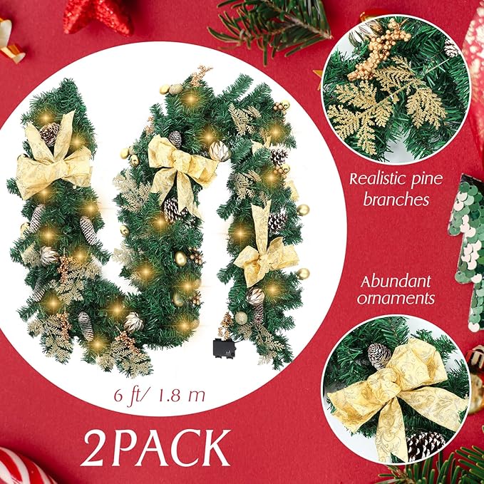 2 Pack 6ft Christmas Garland with LED Lights Pre Lit Outdoor Christmas Garland with Pine Cones Bow Gold Berry for Fireplace Mantel Holiday Indoor Christmas Decor, Total 12ft (Style 1)