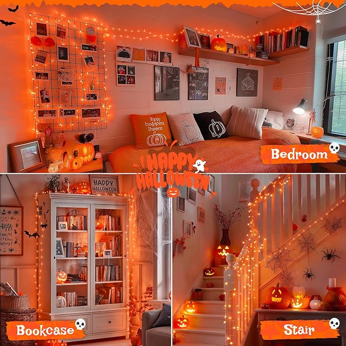 JMEXSUSS 2 Pack Orange Fairy Lights, Total 200 LED 66ft Battery Operated Halloween Lights with Remote, 8 Modes Twinkle String Light for Halloween Thangksgiving Fall Tree Indoor Outdoor Decoration