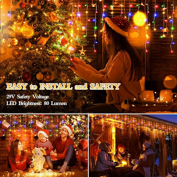 98FT 960 LED Christmas Lights, Waterproof 8 Modes Ice Lights for Outside with Memory and Timer Hanging Fairy Lights Plug-in Curtain String Lights for Holiday Party Wedding Home (Multicolor)