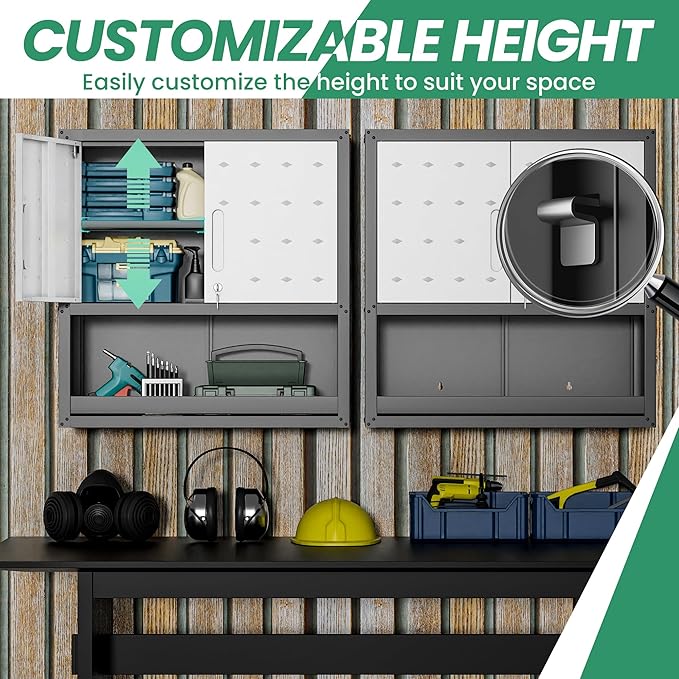 Garage Wall Cabinet,29.5 W Wall Mounted Garage Cabinets with Adjustable Shelf,Heavy Duty Lockable Metal Cabinet,Secure Hanging Tool Cabinet for Basement,Laundry Room,Workshop,Black/Grey