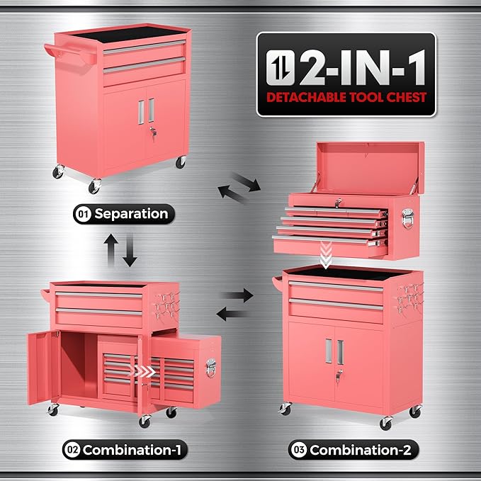 INTERGREAT Tool Chest, Tool Cabinet with 8 Drawers, Detachable Organized Tool Chests, Lockable Tool Cabinet for Workshop, Warehouse, Mechanics Garage (Pink)