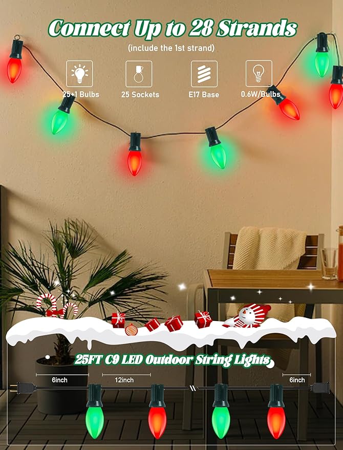 25Ft C9 LED Christmas Lights Outdoor, C9 Red and Green Christmas String Lights with 26 LED Shatterproof Bulb, Hanging Vintage Christmas Lights for Patio Xmas Tree Roofline Wedding Party Backyard Decor