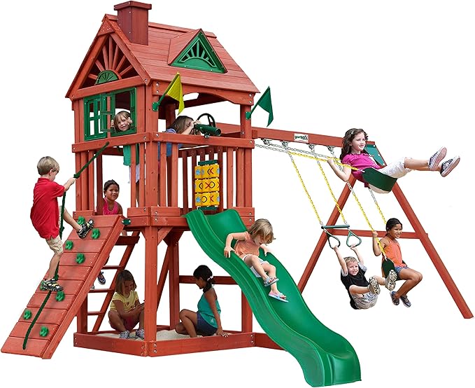 Gorilla Playsets Spring Creek Wooden Swing Set with Wood Roof, Slide, Swings, and Climbing Wall