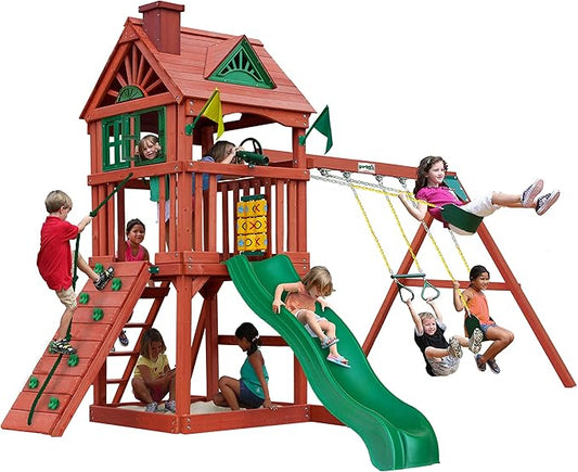 Gorilla Playsets Spring Creek Wooden Swing Set with Wood Roof, Slide, Swings, and Climbing Wall