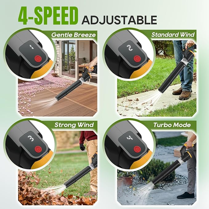 Electric Leaf Blower Cordless, 180¡Æ Rotatable, 2 Batteries & Charger, Handheld Leaf Blowers for Lawn Care, 4 Speed Mode, Portable Lightweight Grass Blower for Yard (Yellow-Black)