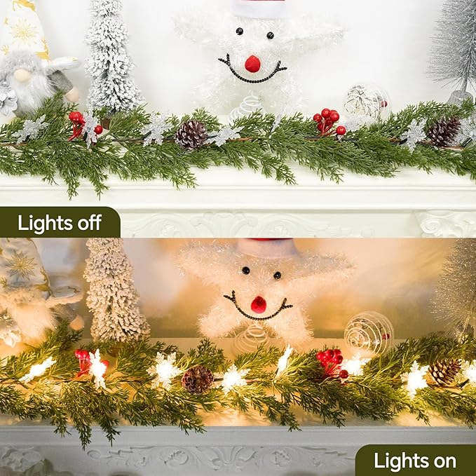 6FT Pre-lit Christmas Cedar Garland Realistic Christmas Garlands Snowflake Lights, Artificial Green Pine Greenery Cypress Garland Decorations Indoor Outdoor Holiday Winter Xmas Decor
