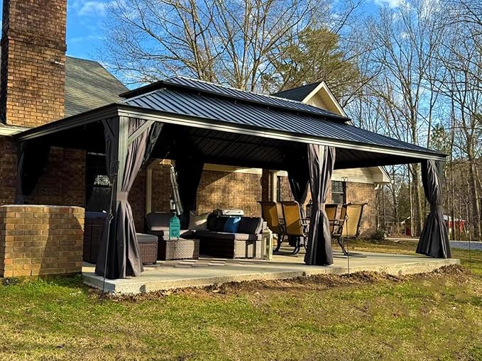 PURPLE LEAF 12' X 26' Hardtop Gazebo Aluminum Gazebo with Galvanized Steel Double Roof for Patio Lawn and Garden, Curtains and Netting Included Grey