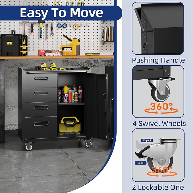 Metal Tool Cabinet,Garage Storage Cabinet System,Wall Cabinet & Locking Rolling Tool Cabinet with Doors and Adjustable Shelves,Steel Tool Cabinets for Home (2 Pcs-Styled, Black)