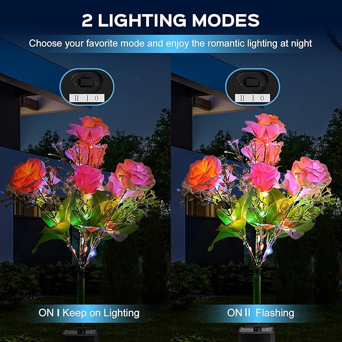 4 Pack Solar Garden Lights Outdoor, Colorful LED Waterproof Solar Powered Rose Flowers Landscape Lights for Outside Yard, Patio, Pathway Decorative, Décor, Gifts, Two Lighting Modes