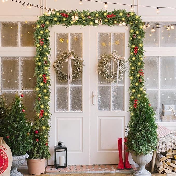 12FT Artificial Norfolk Pine Garlands - Real Touch Winter Pine Garland, Green Artificial Greenery Garland for Mantle, Table, Wall, Indoor & Outdoor Fireplace Christmas Decorations