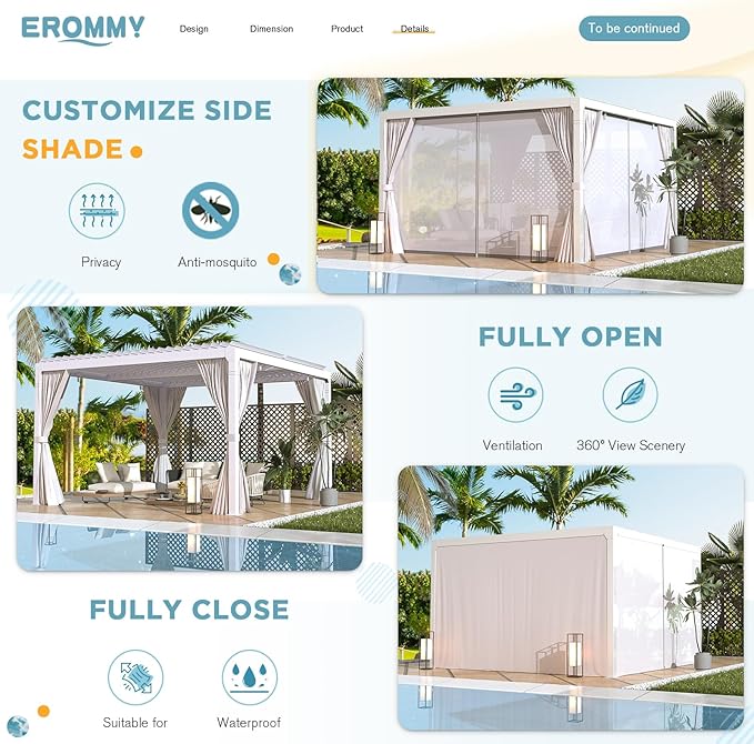 EROMMY Louvered Pergola 12' x 12' Outdoor Hard Top Pergola with Aluminum Frame and Adjustable Metal Rainproof Roof for Garden & Patio, Curtains and Netting Included, White
