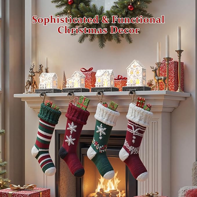 Stocking Holders for Mantle and Garland Hanger, 4-Piece Resin Fireplace Hooks with LED Lights, Perfect for Christmas décor and Holiday Party setups