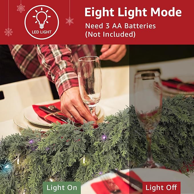 Cedar Christmas Garland with Lights for Mantle - Decorations 15ft Realistic Lighted Faux Pine Garlands for Xmas Home Decoration Indoor Stairs Railing Fireplace Outdoor 15 ft Prelit Garland Door Decor