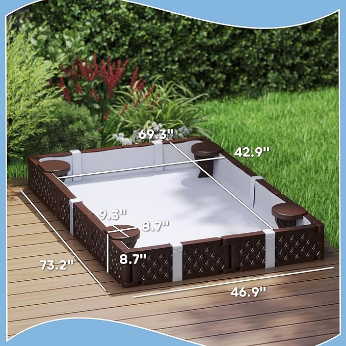 Qaba Kids Sandbox with Cover, Rectangular 73 HDPE Large Sand Pit with 4 Seats, Waterproof Bottom Liner, Weather Resistant Outdoor Sand Box for Backyard, Lawn, Garden, Beach, Patio, Brown