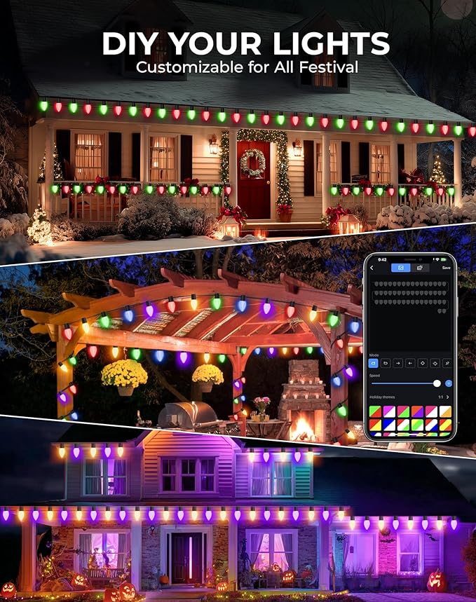 Avatar Controls Smart C9 Christmas Lights Outdoor 33FT 50LED – APP & Remote Controlled, Music Sync, 16M Colors, 100+ Modes, Waterproof Connectable String Lights for Tree, Porch, Windows