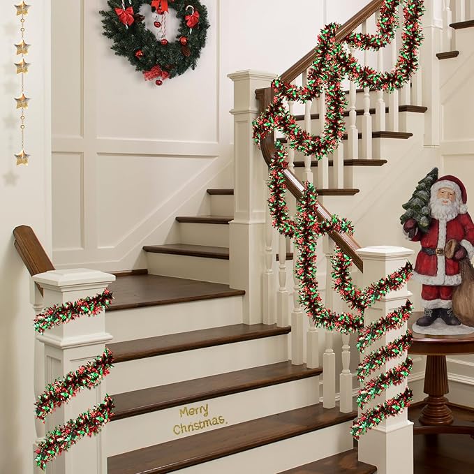 50FT Christmas Tinsel Garland - Metallic Tinsel Twist Garland for Christmas Tree Decorations, Xmas Tree Decor for Holiday Home Indoor Outdoor Party Supplies (Green and Red)