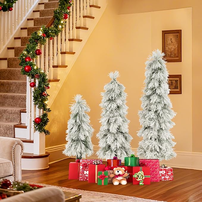 GOFLAME Set of 3 Pre-lit Christmas Tree, Snow Flocked Artificial Xmas Trees 3Ft, 4Ft and 5Ft with Warm White LED Lights, Pine Needles and Metal Base, Holiday Decoration Tree for Home Office Party