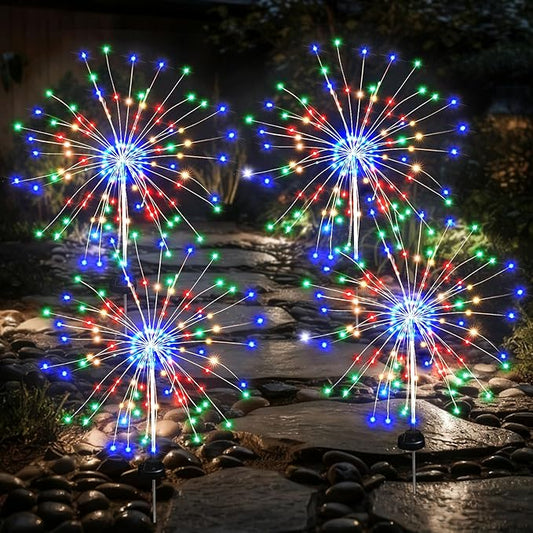 Solar Garden Firework Lights Outdoor Waterproof, 4 Pack Solar Lighting with 8 Lighting Modes, 120 LED Sparklers String Lights for Outside Decor Yard Pathway Halloween Decorations(Colorful)