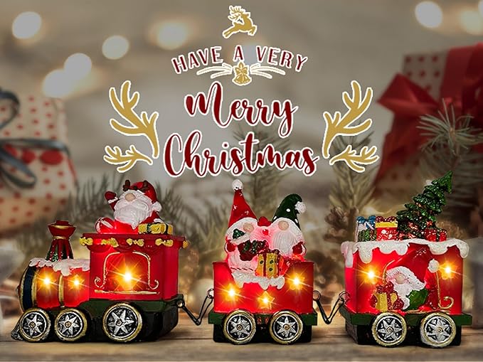 Hexagram Christmas Decorations Indoor Christmas Gnomes Table Centerpieces Train Decor - Lighted Gnome Tabletop Decor, Light Up Xmas Train Figurines for Home