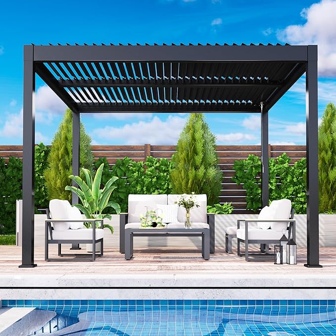 Louvered Pergola, 10' x 12' Outdoor Pergola, Metal Patio Gazebo with Adjustable Louvers Roof and Gutter System, Metal Hardtop Gazebo for Patio, Backyard, Deck, Garden, Dark Gray