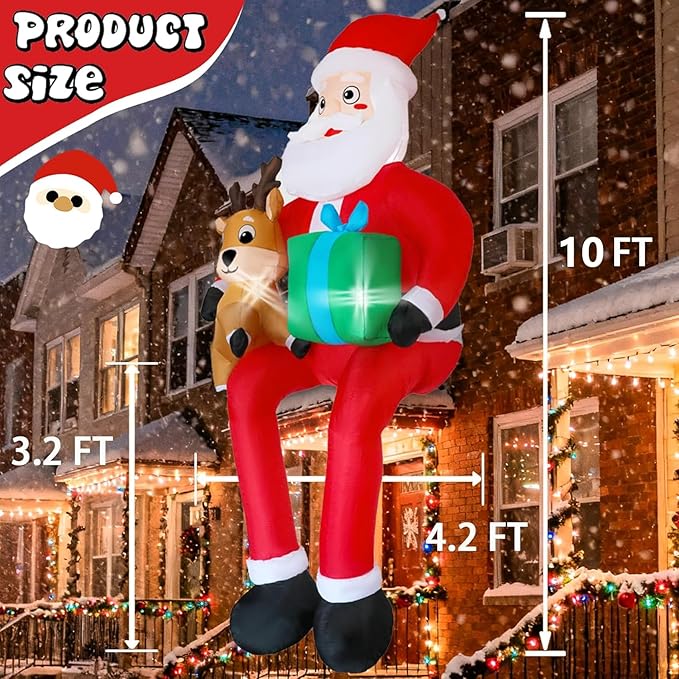 DearSun 10FT H Christmas Inflatable Sitting Santa Claus with Build-in LED Lights, Blow up Santa Claus with Gift Bag and Deer Sitting on Roof Wall Tree Chair Indoor Outdoor Decor