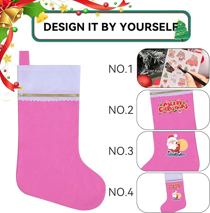 36 Pack Felt Christmas Stockings, 19 Inches Pink and White Christmas Stockings Hanging Ornaments, White Cuff with Gold Trim Christmas Stockings for Family Christmas Holiday Decorations