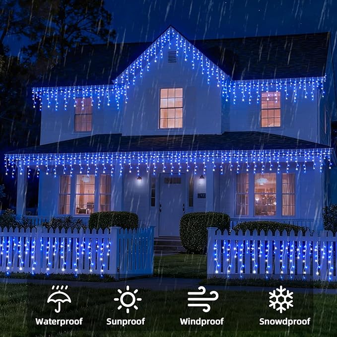 Christmas Outdoor Icicle Lights - 480 LED 66+33 FT 8 Modes Curtain Fairy String Light Plug in, Waterproof for Eaves Yard Holiday Xmas Holiday Indoor Outdoor Decoration - Blue White