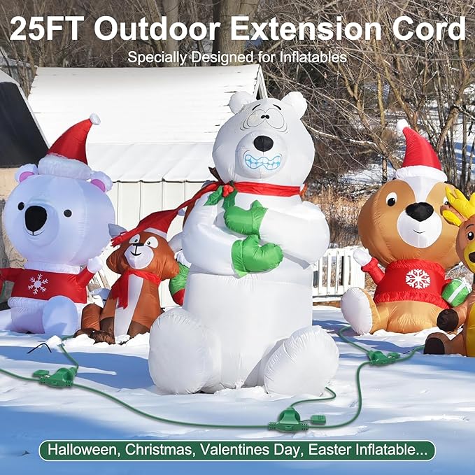 25FT Long Green Extension Cord 3 Outlets for Christmas Inflatables Blow Ups Yard Outdoor Outside Decorations Extension Cords with Multiple Outlets Plugs Cover Splitter Waterproof for Christmas Lights