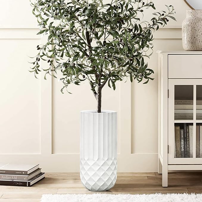 LuxenHome Planter for Outdoor Indoor Plants 25" H White Tall MgO Plant Pots Planting Flower Large Pot Planters Modern Geometric Balcony Planter