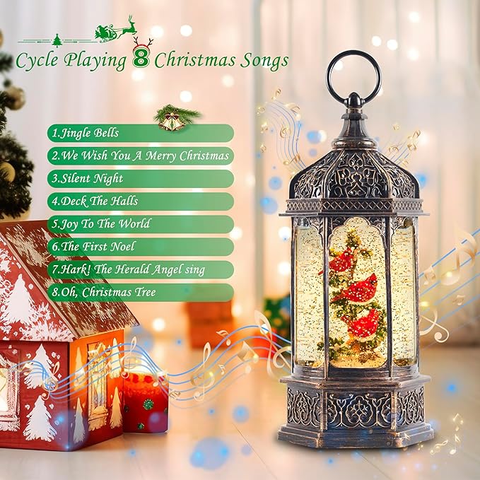 12.8" Christmas Snow Globe Lantern Christmas Decorations Indoor with Swirling Glitter Three Cardinals in The Tree, Lighted Musical Snow Globes for Home Decoration USB Powered or Battery Operated