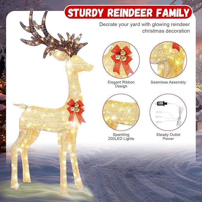 3-Piece 5Ft Lighted Christmas Deer Family Set, 3D Outdoor Christmas Decorations Yard with 280 Warm White LED Lights for Outdoor Front Yard Patio Lawn Garden Porch - Gold