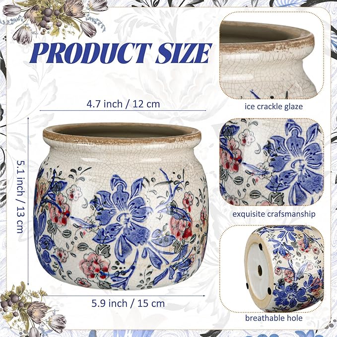 Vintage Planter Large Ceramic Plants Pot Blue Red Peony Ice Crack Cottage Scroll Vase Flower Vase Pot Indoor Plants Home Kitchen Decor Farmhouse Antique Decorative Gifts