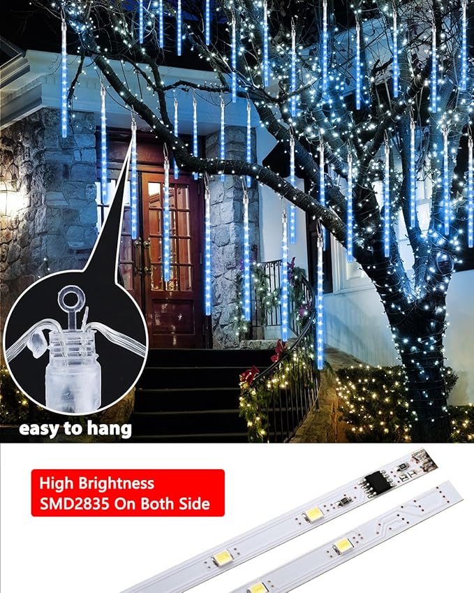 Flacchi Blue 10 Tubes 240 LED Raindrop Lights Meteor Shower Icicle Lights with Timer Function Cascading Falling Rain Light for Holiday Party Christmas Decorations
