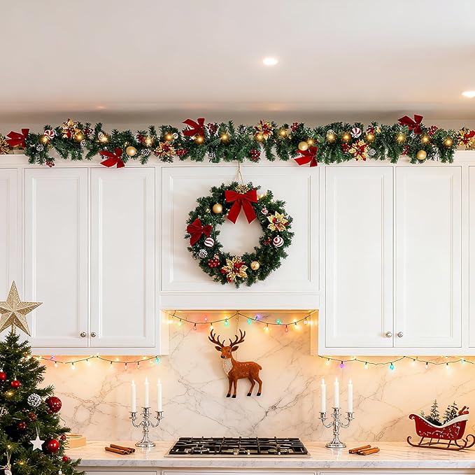 9 FT Pre-Lit Christmas Garland with 50 LED Lights Red Bows Flowers, Indoor Outdoor Lighted Garland for Stairs, Mantle, Door, Fireplace, Banister, Staircase, Holiday Christmas Decor, Battery Operated