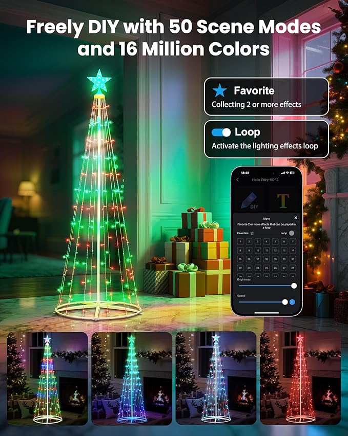 2 Pack Smart Christmas Cone Tree Light - 5FT 130 LED & 6FT 154 LED Artificial Tree with Star Topper, Music Sync, DIY RGB Light Show for Indoor/Outdoor Decorations