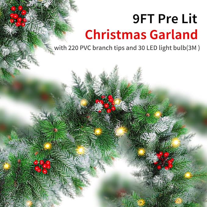 9FT Artificial Christmas Garland with LED Light Battery Operated Light Garland with 30 LED Warm Lights and 18 Red Berries for Mantle Stairs Fireplace Xmas Decoration