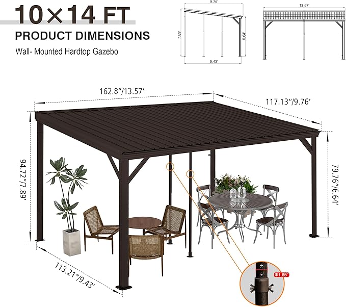 Domi 10'x14' Hardtop Wall Mounted Gazebo, Expandable Lean to Gazebo Pergola with Gutters & Galvanized Steel Roof, 60MPH Wind Resistance Outdoor Heavy Duty Canopy Sun Shade for Patio, Backyard - Brown