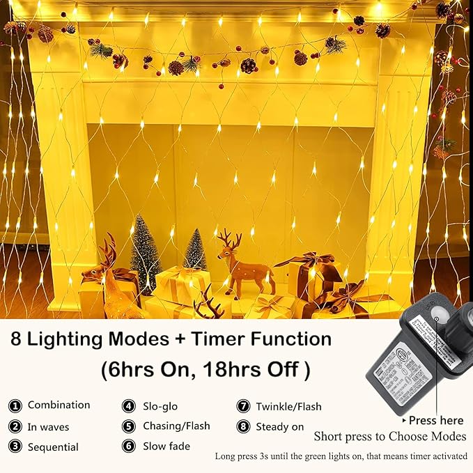 Joomer Christmas Net Lights - 12FT x 5FT 360 LED Plug-in Mesh Lights, Waterproof with 8 Modes, Timer, Connectable for Bushes, Trees, Garden, Outdoor Christmas Decor (Clear Wire, Warm White)