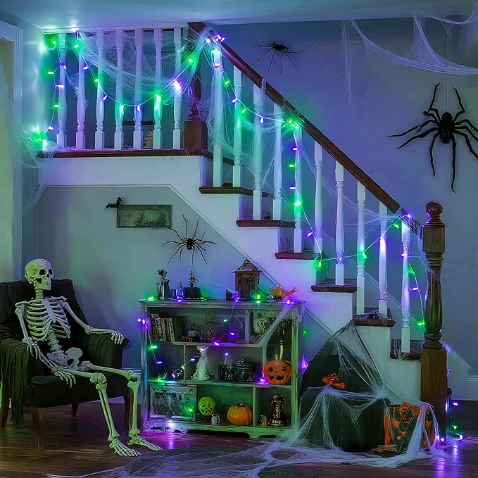 JMEXSUSS 2 Pack Purple and Green Halloween Lights, Total 200 LED 8 Modes Halloween String Lights Plug in, Each 33ft Connectable Christmas Lights Indoor Outdoor for Tree Porch Fireplace Decor