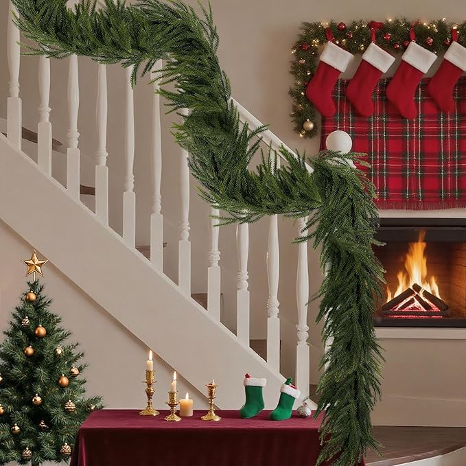 6 FT Christmas Norfolk Pine Garlands, Artificial Real Touch Winter Pine Garland, Green Realistic Greenery Garland for Table, Mantle, Wall, Indoor, Outdoor Christmas Decorations (1 Pcs)