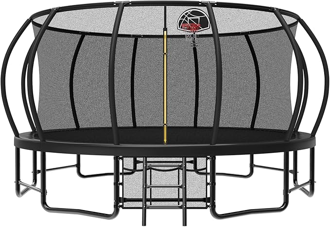Lyromix 12 14 15 16FT Outdoor Trampolines for Kids and Adults, Pumpkin Trampolin with Curved Poles, Recreational Trampolin with Basketball Hoop and Safety Enclosure Net for Kids and Adults