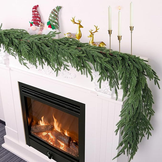 6 FT Christmas Norfolk Pine Garland Real Touch Artificial Faux Greenery Pine Christmas Garland Decorations for Home Mantle Table Stairs Door Fireplace Indoor Outdoor Xmas Holiday Decor
