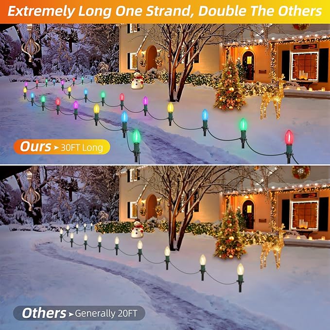 30Ft C9 Led Christmas Pathway Lights Outdoor, 20 Multicolor Bulbs Waterproof Connectable Christmas Walkway Lights with Stakes for Yard Lawn Sidewalk Driveway Decorations
