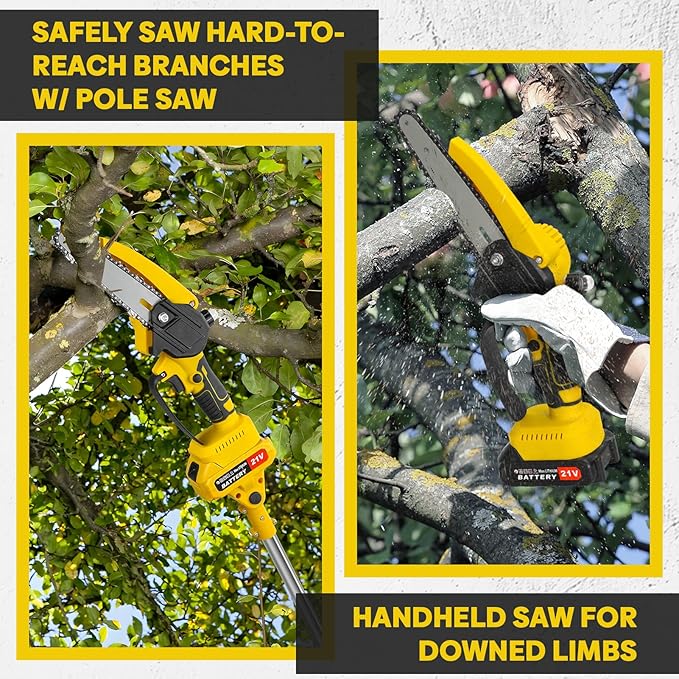 2 in 1 Cordless Pole Saw & Mini Chainsaw, 6-inch Brushless Electric Chainsaw with 2 Battery, 5.9 Ft MAX Reach Pole Saws for Tree Trimming, Tree Branch Cutter