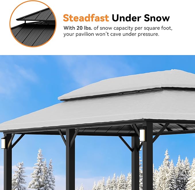 Modern Shade The Horizon Hardtop Gazebo 12' x 20' with 4 LED Lights, Permanent Outdoor Gazebo with Galvanized Steel Double Roof, Grill Pavilion with Decor Hooks, Mosquito Nettings, Black