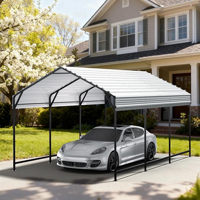 10x15 FT Metal Carport Heavy Duty Steel Roof All-Weather Multi-Use Outdoor Car Shelter Canopy for Car, Boat & Tractor