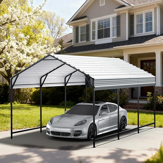 10x15 FT Metal Carport Heavy Duty Steel Roof All-Weather Multi-Use Outdoor Car Shelter Canopy for Car, Boat & Tractor