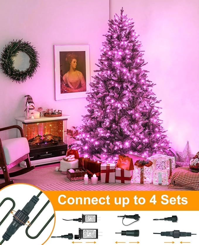 Pink Christmas Lights Outdoor, 80FT 240 LED Christmas Tree Lights Waterproof Plug in, 8 Modes Connectable Christmas Decorations Green Wire for Indoor Bedroom Tree House Holiday