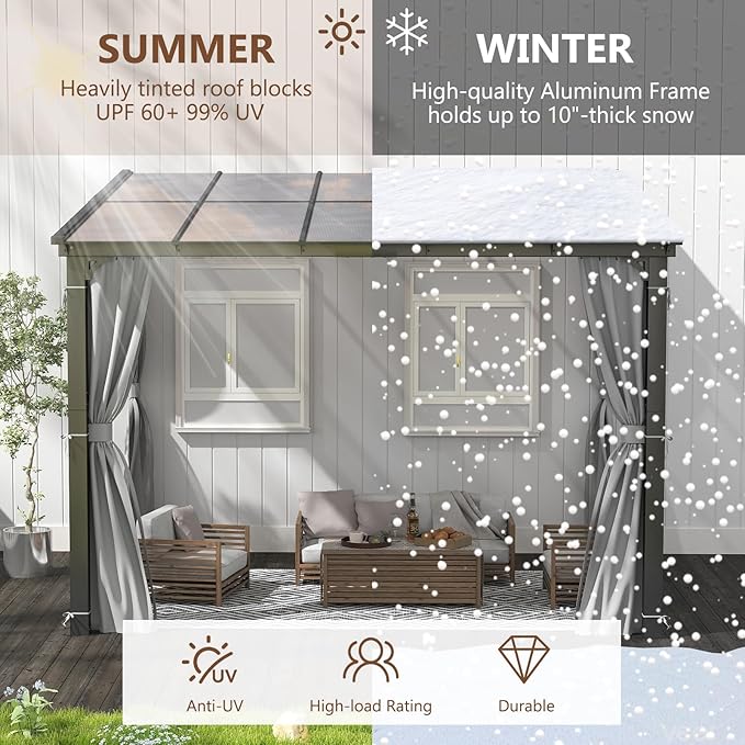 10'x10' Gazebo, Wall Mounted Gazebo with Aluminum Frame, Curtains and Netting for Patio,Decks, Garden and Lawn